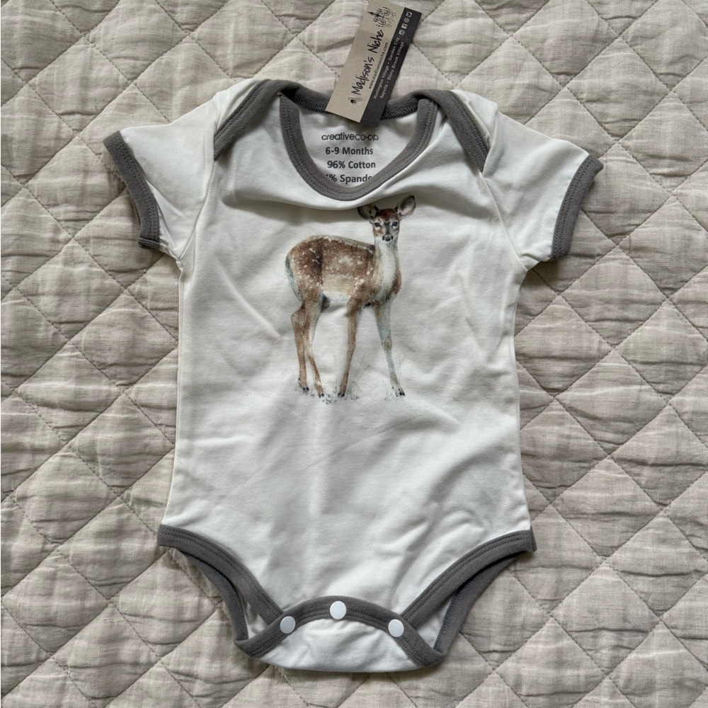 Creative Co-Op Woodland Deer Baby Onesie, crazy soft, little dear, 6-9mo, NWT